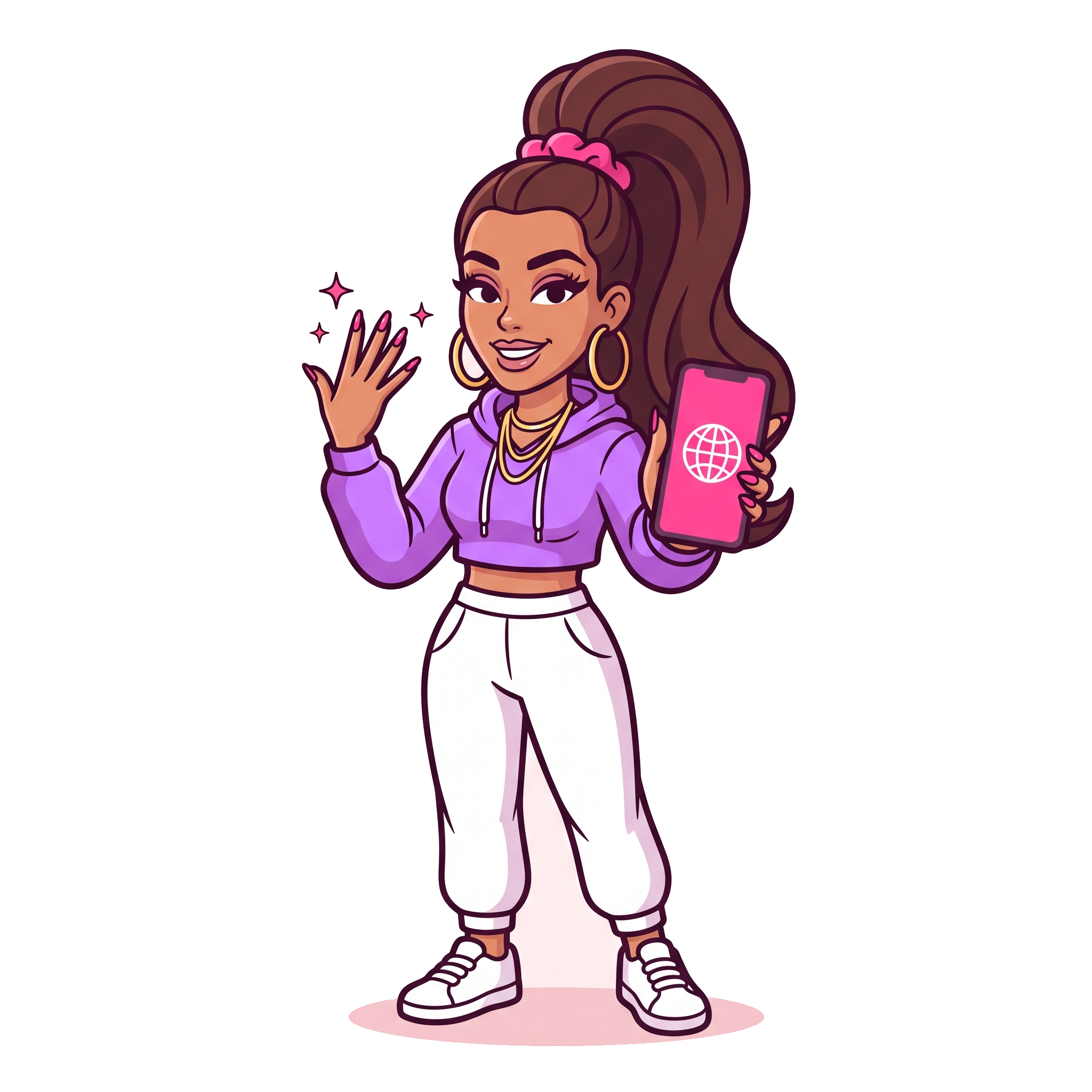 IP Sis mascot showing off manicure and phone